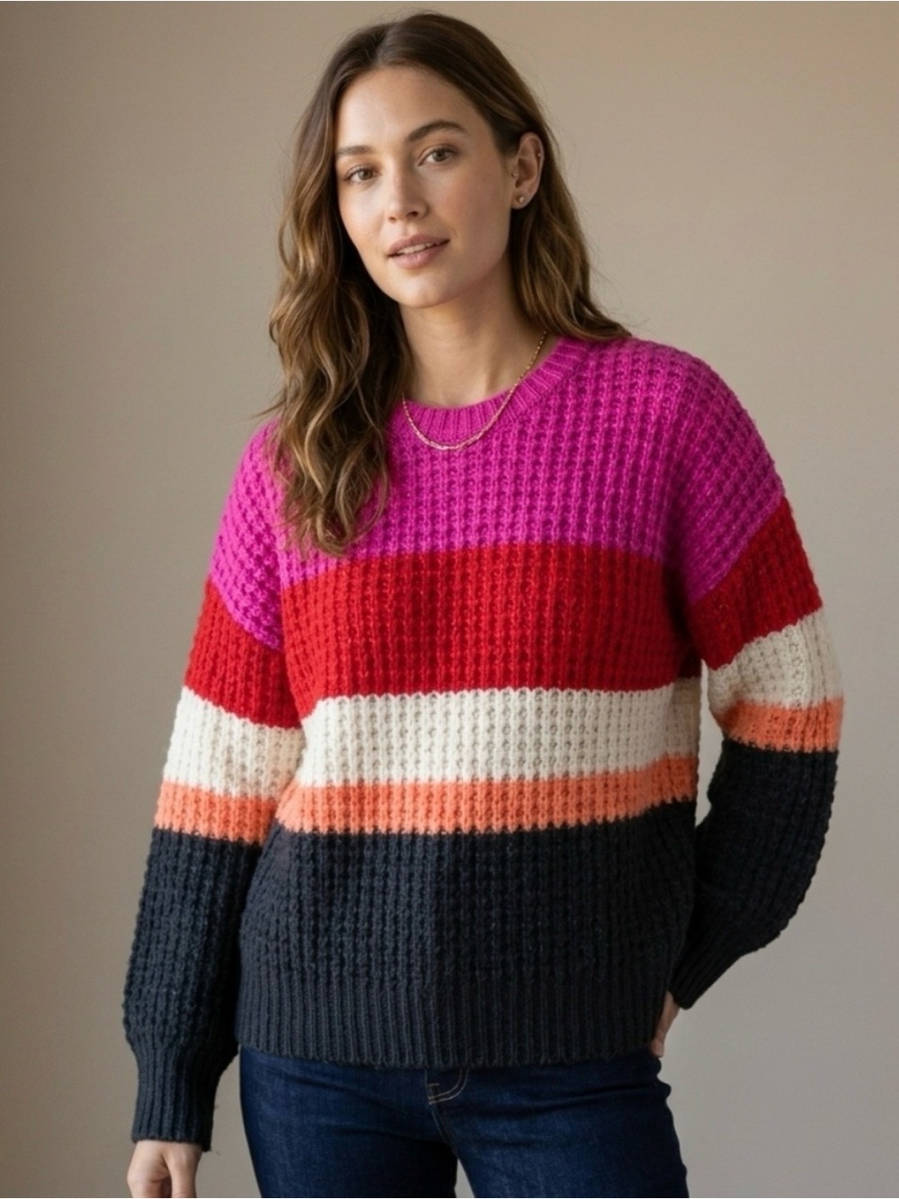 Women's Multicolor Striped Chunky Knit Sweater - Pink/Red/White/Black